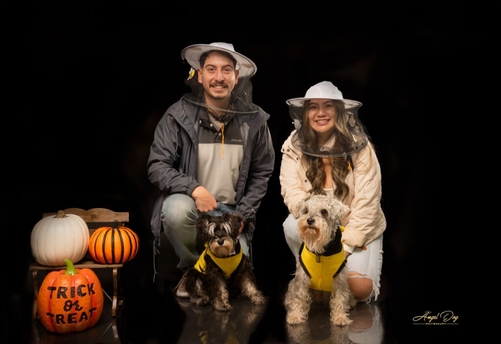 Two pet parents dressed as beekeepers with their two dogs