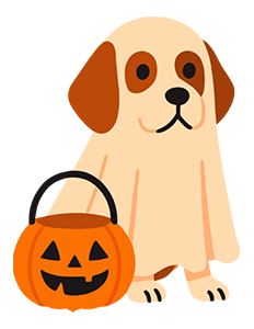 Graphic with dog next to a Halloween pumpkin