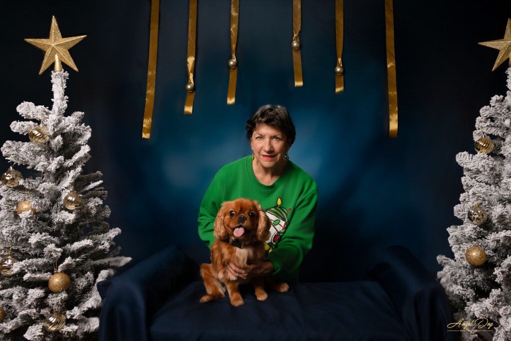 Photo of dog with his pet parent on Christmas background.